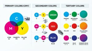 Primary secondary and tertiary colored dots used in packaging printing